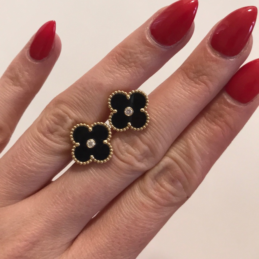 Clover Gold Diamond Black Onyx Push Back Earrings